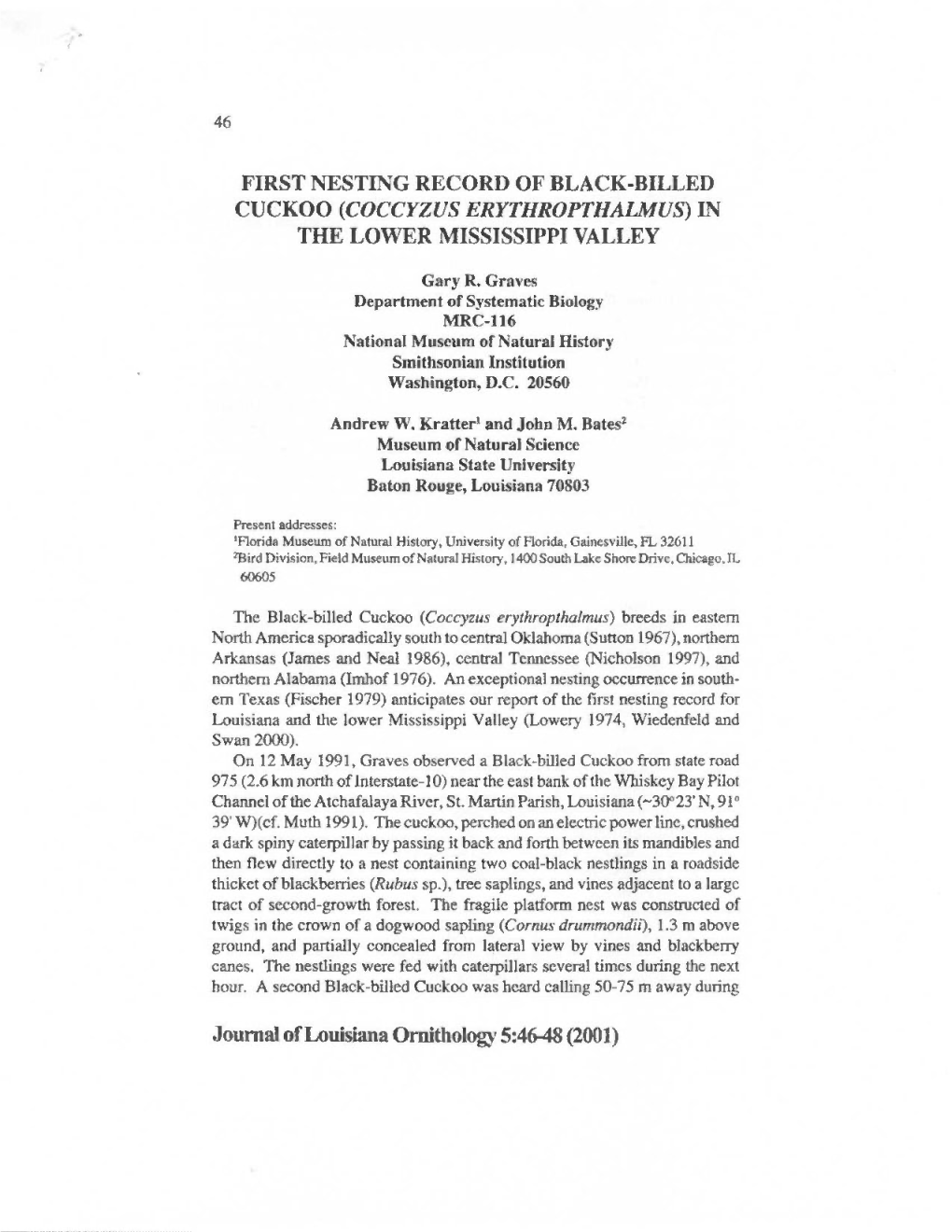 First Nesting Record of Black-Billed Cuckoo (Coccyzus Erythropthalmus) in the Lower Mississippi Valley