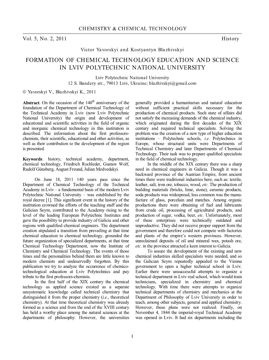 FORMATION of CHEMICAL TECHNOLOGY EDUCATION and SCIENCE in LVIV POLYTECHNIC NATIONAL UNIVERSITY Lviv Polytechnic National University 12 S