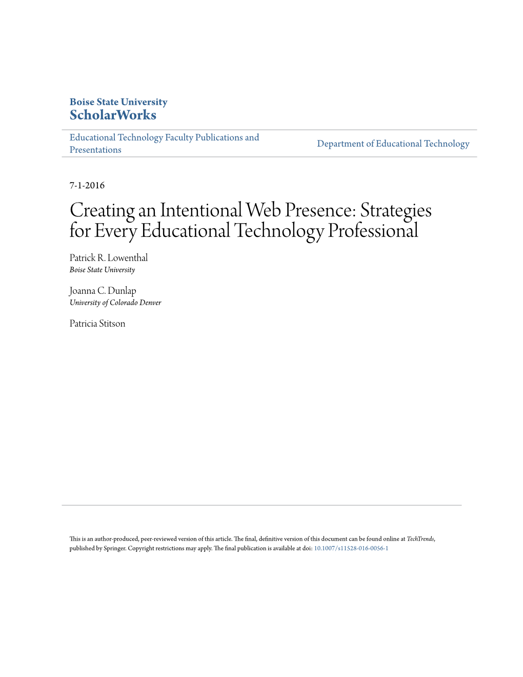 Creating an Intentional Web Presence: Strategies for Every Educational Technology Professional Patrick R