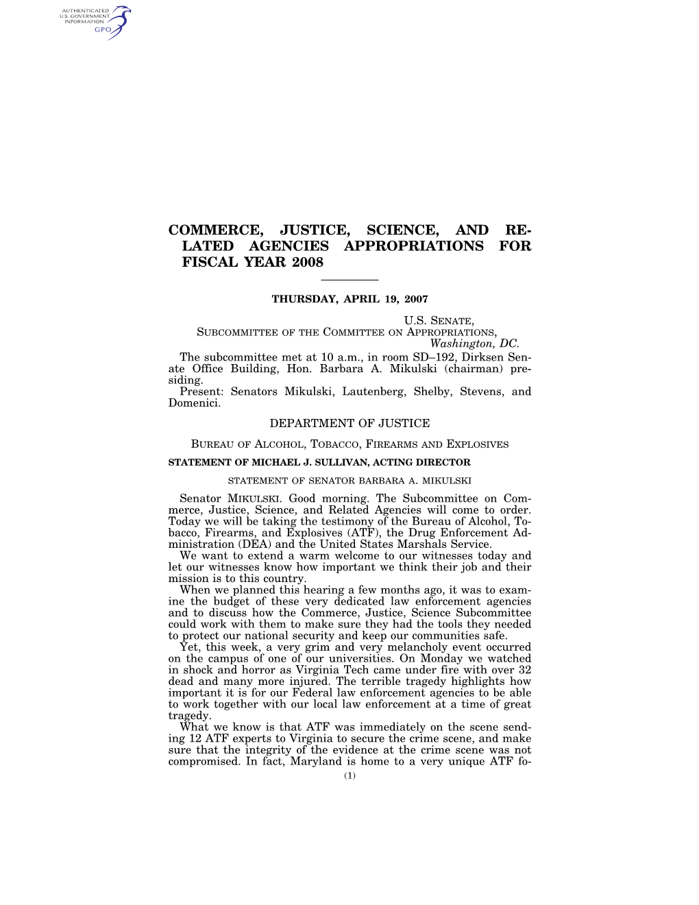 Commerce, Justice, Science, and Re- Lated Agencies Appropriations for Fiscal Year 2008