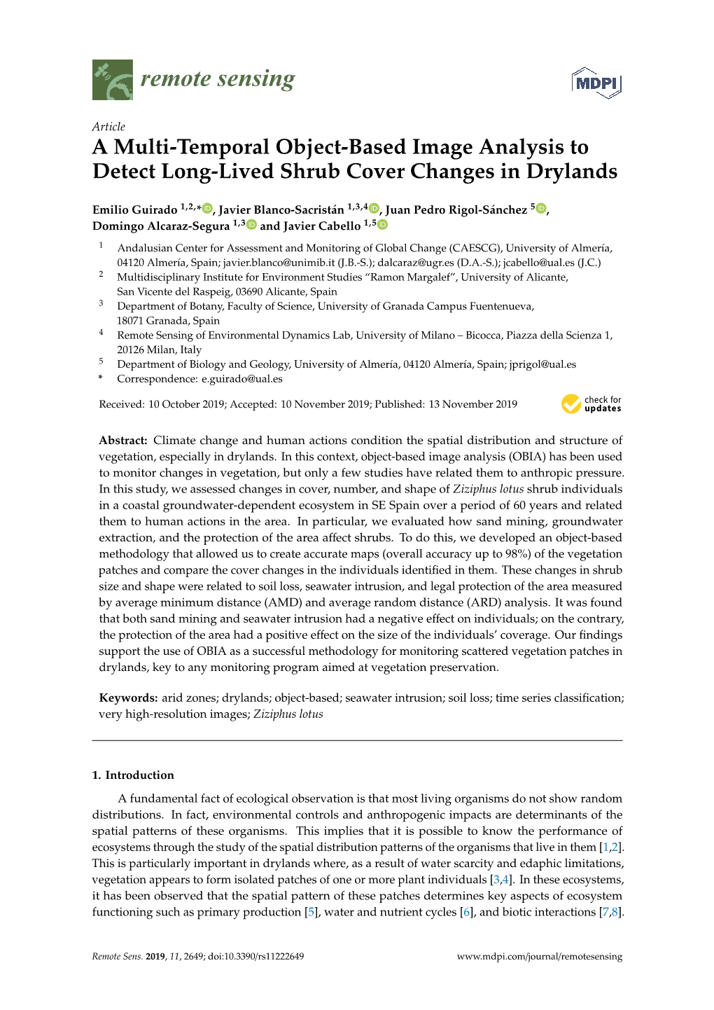 A Multi-Temporal Object-Based Image Analysis to Detect Long-Lived Shrub Cover Changes in Drylands