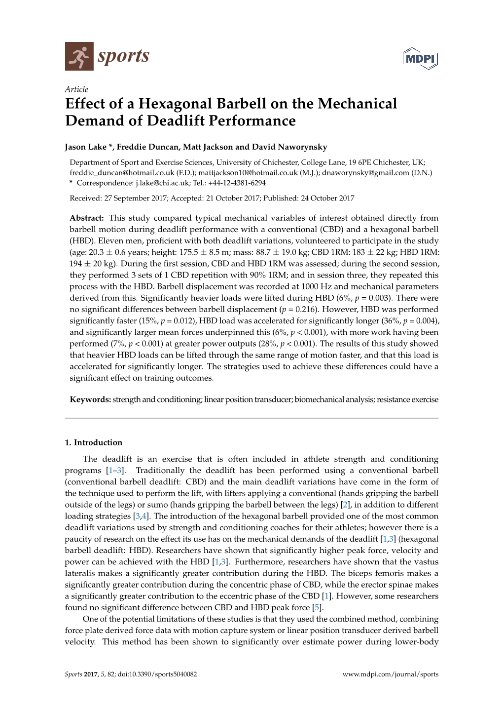 Effect of a Hexagonal Barbell on the Mechanical Demand of Deadlift Performance