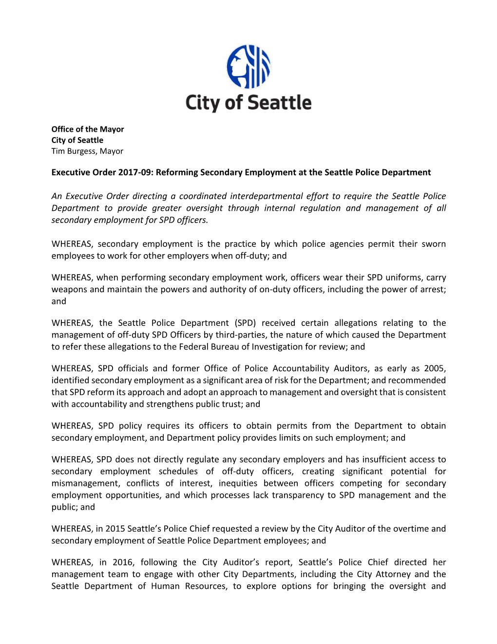 Executive Order 2017-09: Reforming Secondary Employment at the Seattle Police Department