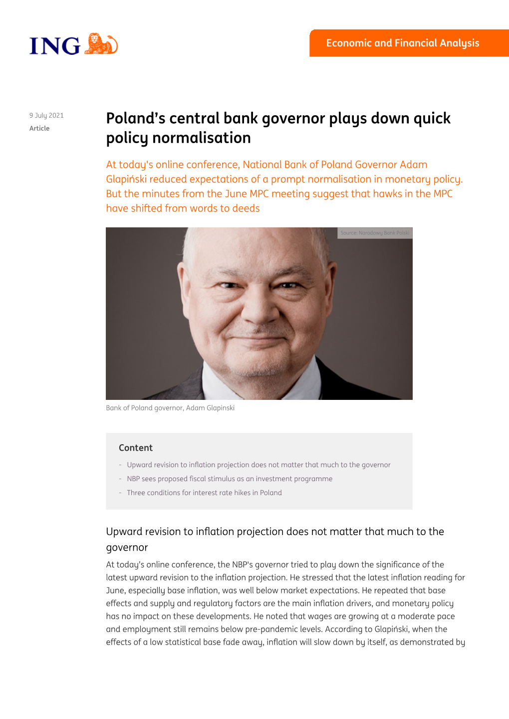 PDF | Poland's Central Bank Governor Plays Down Quick Policy Normalisation