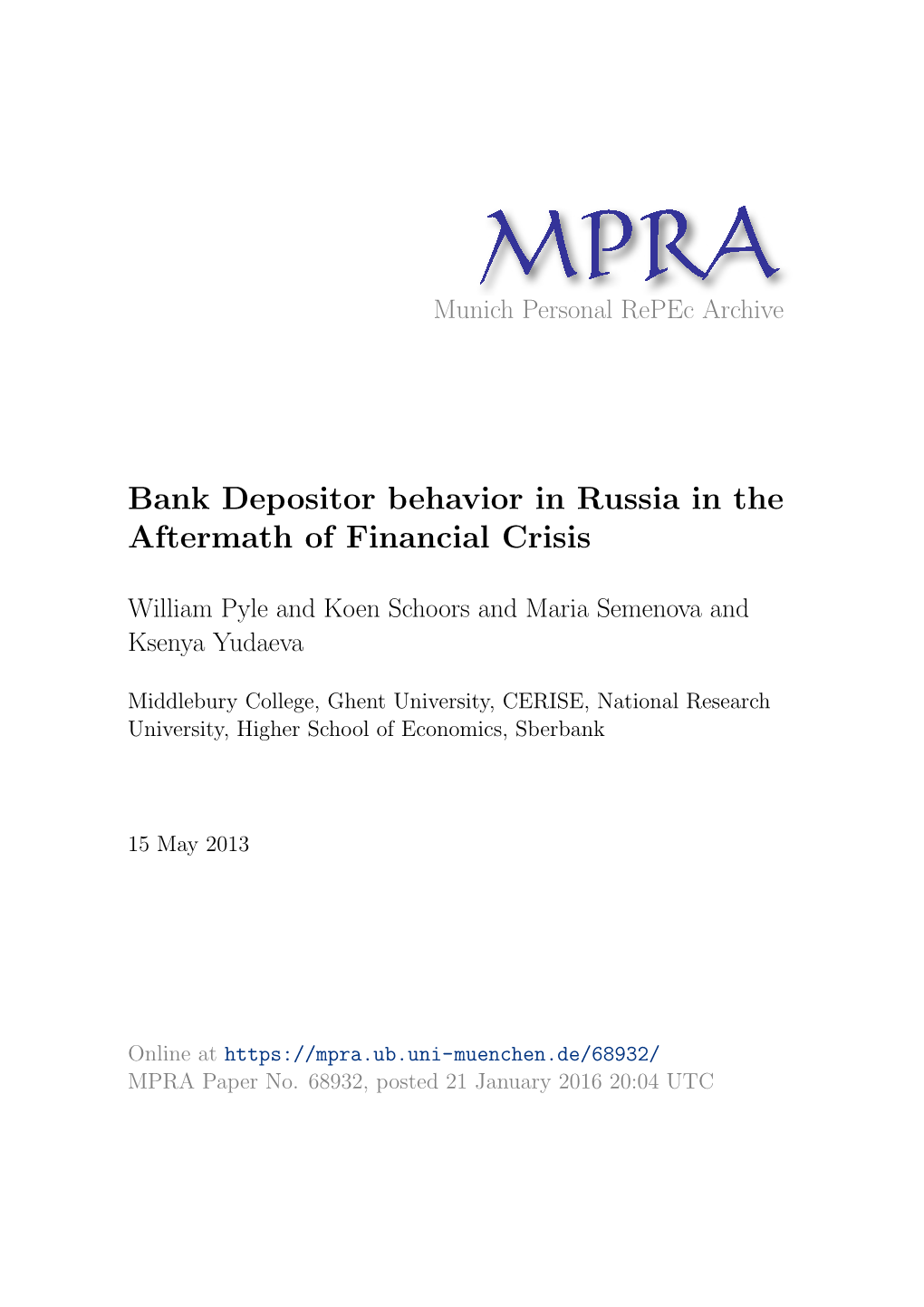 Bank Depositor Behavior in Russia in the Aftermath of Financial Crisis