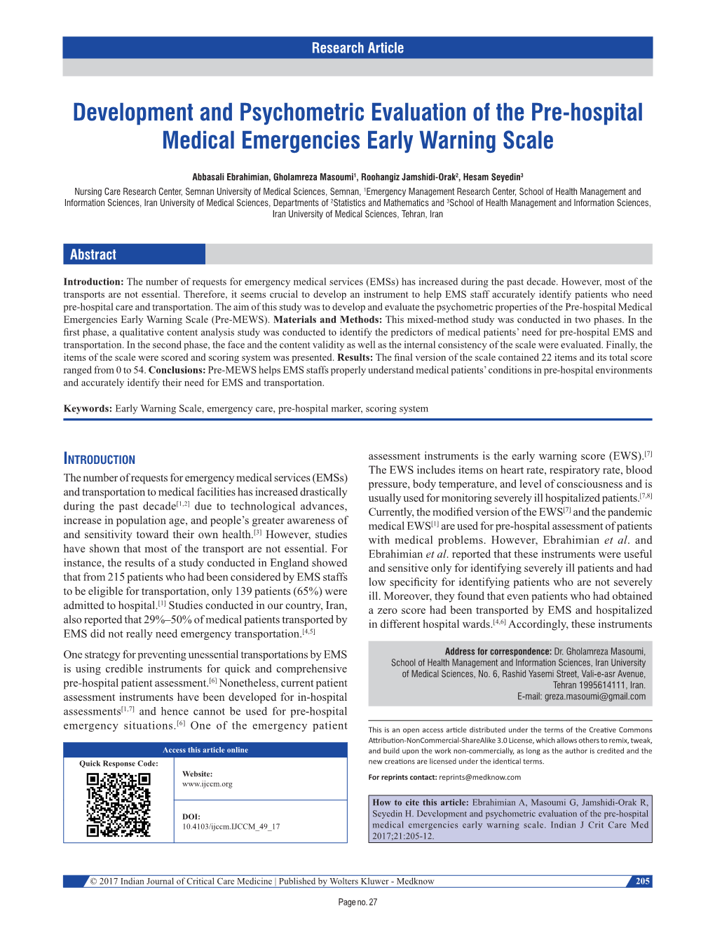 Development and Psychometric Evaluation of the Pre‑Hospital Medical Emergencies Early Warning Scale