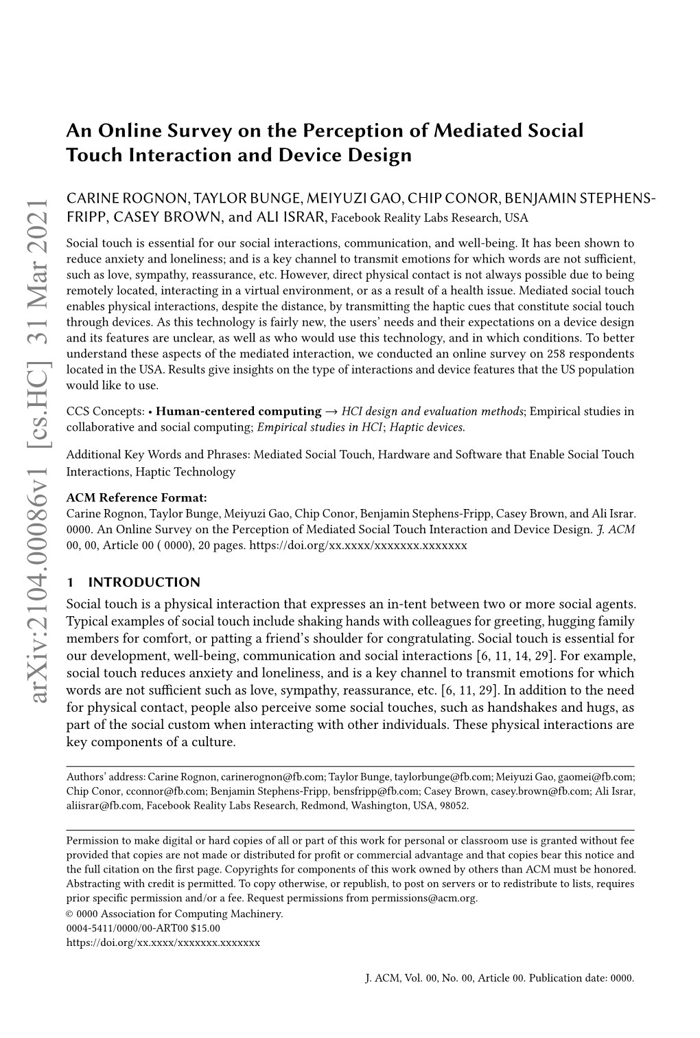 An Online Survey on the Perception of Mediated Social Touch Interaction and Device Design