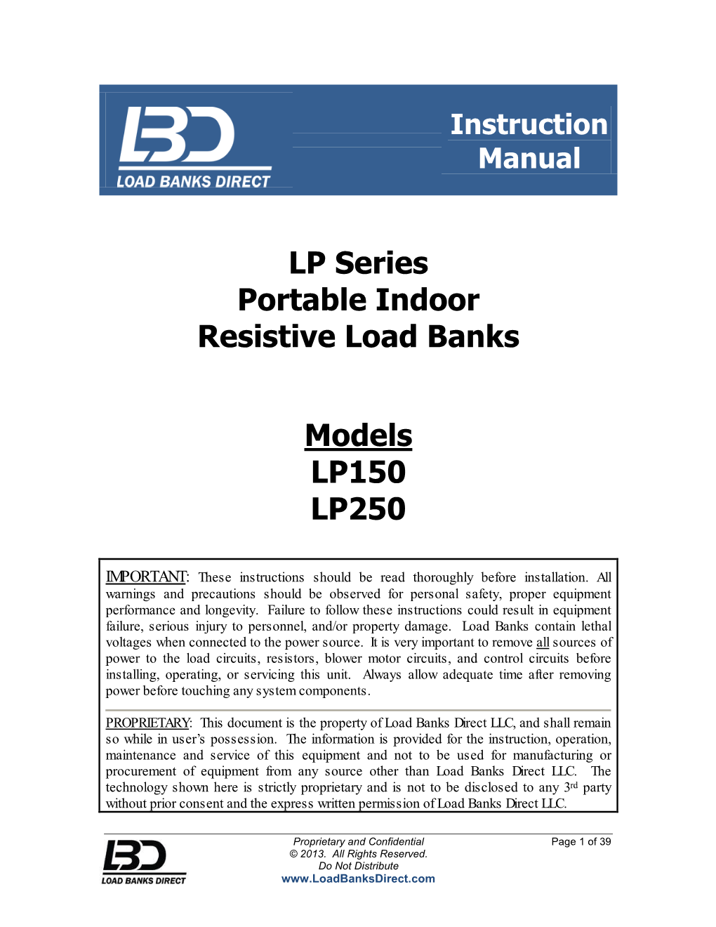 LP Series Portable Indoor Resistive Load Banks Models LP150 LP250