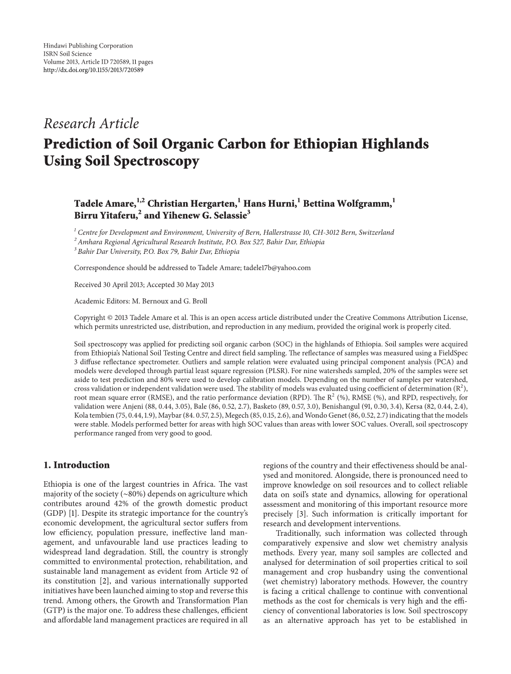 Prediction of Soil Organic Carbon for Ethiopian Highlands Using Soil Spectroscopy