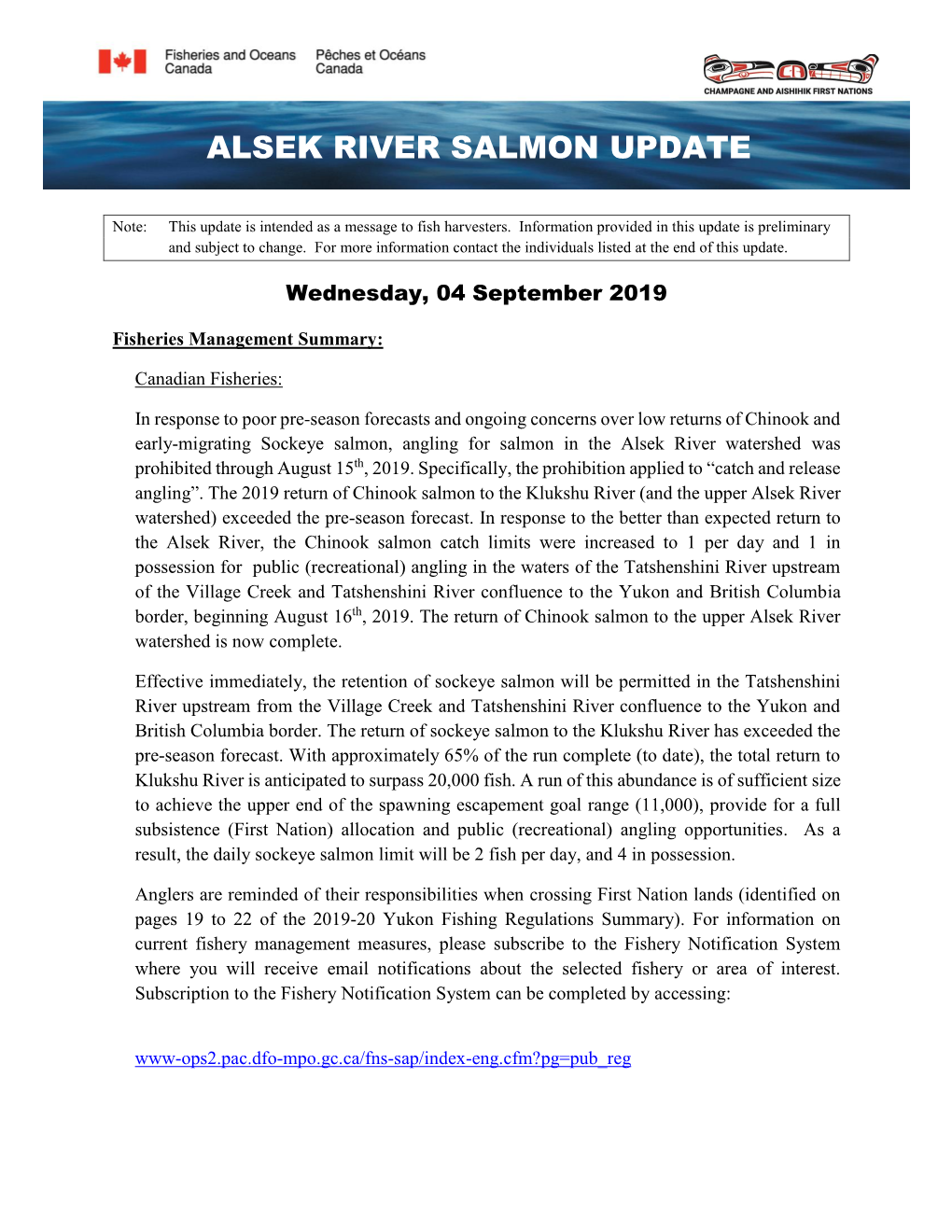 Alsek River Salmon Update