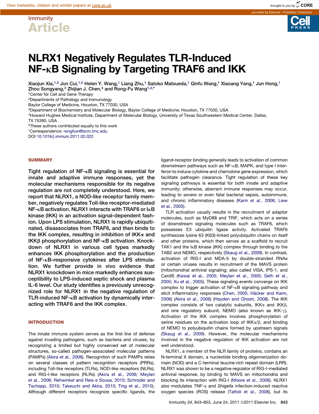 NLRX1 Negatively Regulates TLR-Induced NF-&Kappa;B Signaling by Targeting TRAF6 And