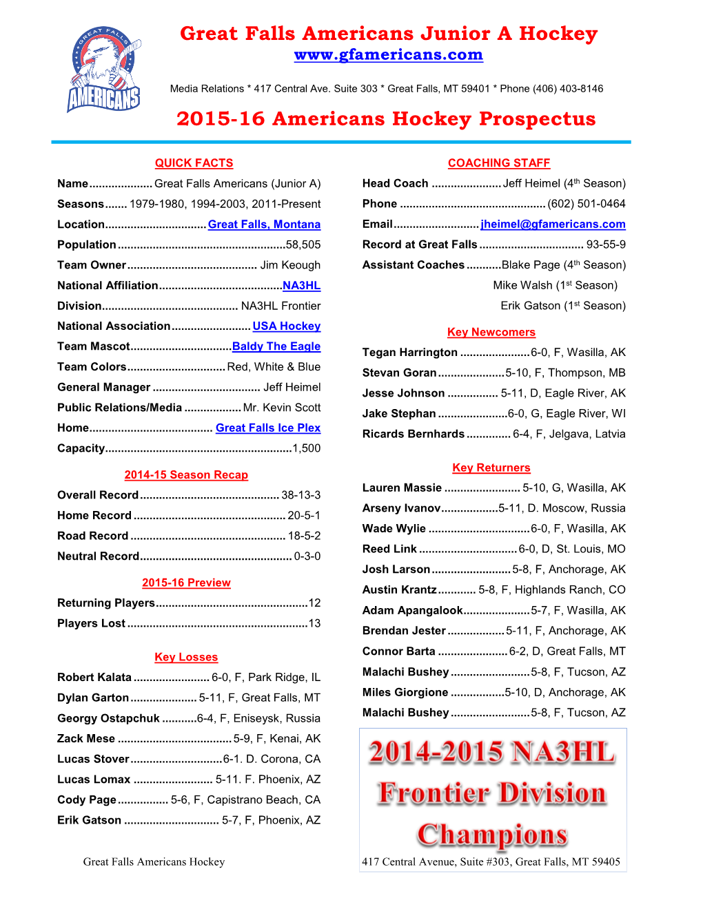 Great Falls Americans Junior a Hockey 2015-16 Americans Hockey