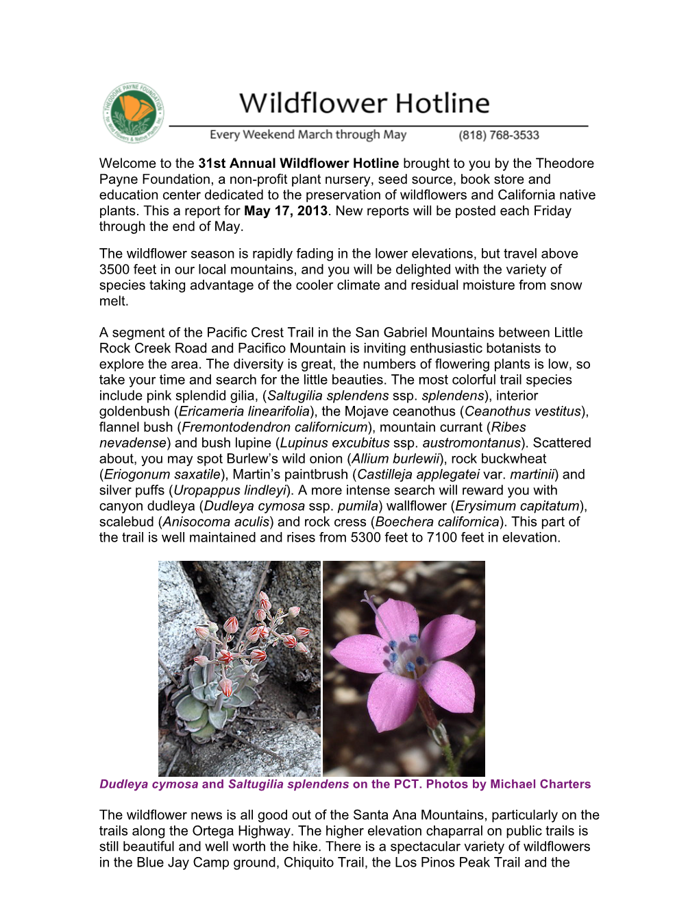 The 31St Annual Wildflower Hotline Brought to You by the Theodore