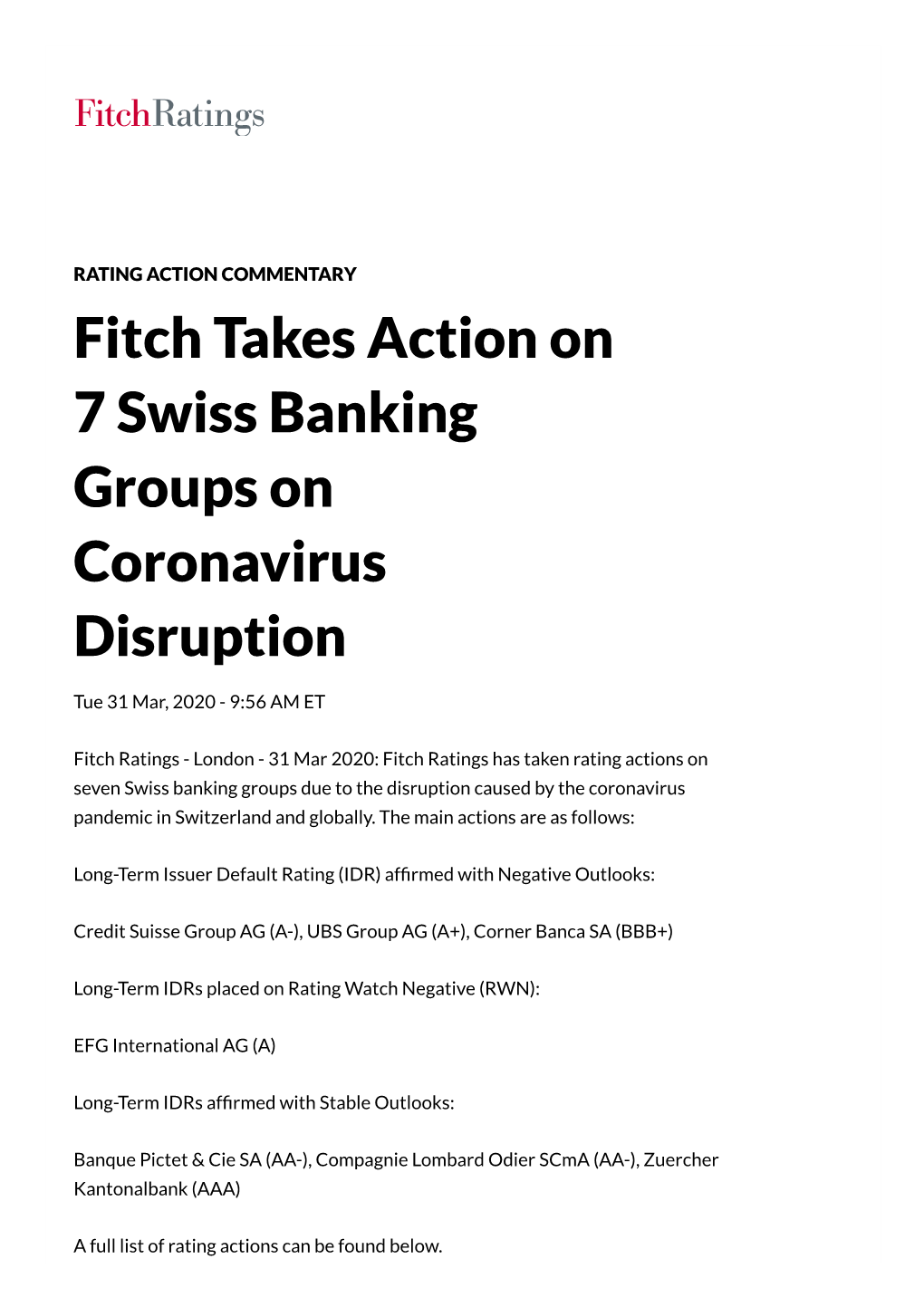 Fitch Takes Action on 7 Swiss Banking Groups on Coronavirus Disruption