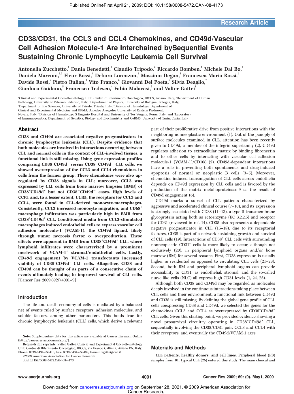 CD38/CD31, the CCL3 and CCL4 Chemokines, and Cd49d/Vascular