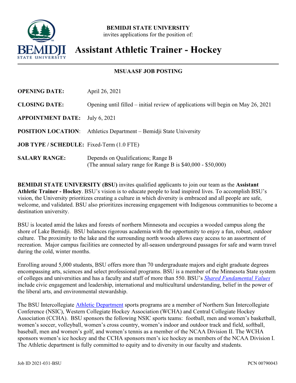Assistant Athletic Trainer - Hockey