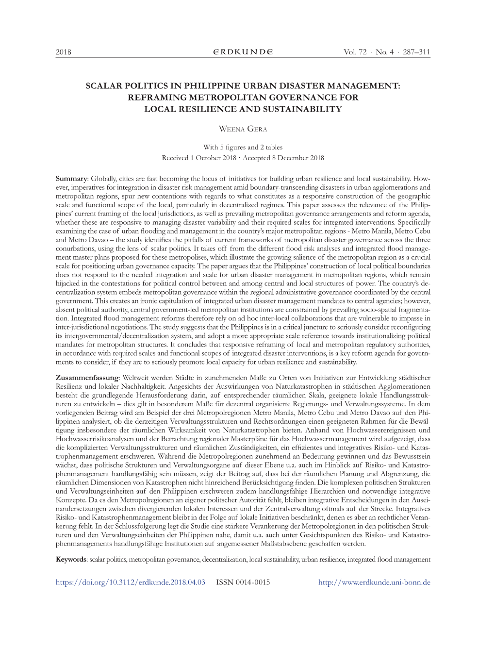 Scalar Politics in Philippine Urban Disaster Management: Reframing Metropolitan Governance for Local Resilience and Sustainability