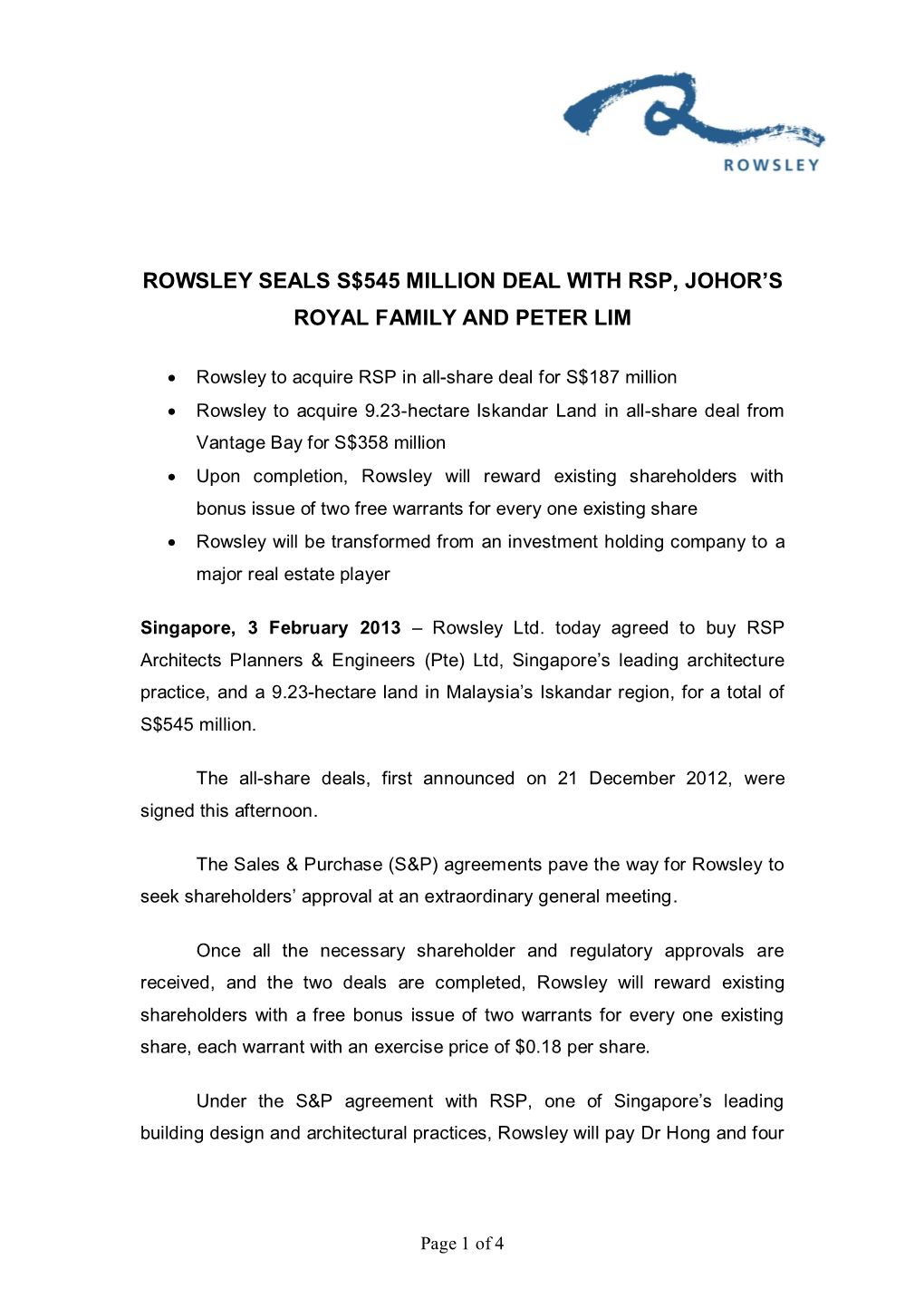 Rowsley Seals S$545 Million Deal with Rsp, Johor's Royal Family and Peter