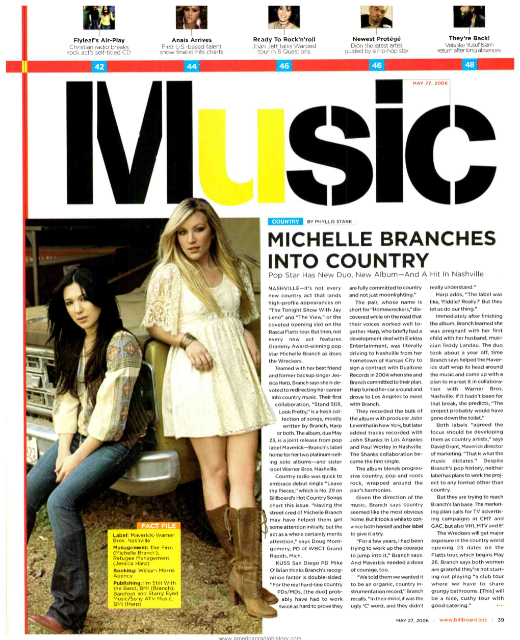 MICHELLE BRANCHES INTO COUNTRY Pop Star Has New Duo, New Album -And a Hit in Nashville