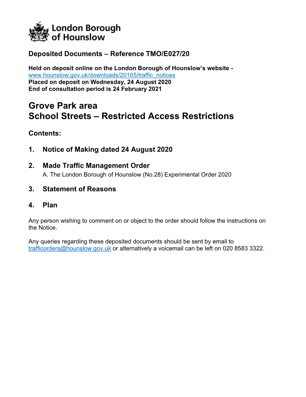 Grove Park Area School Streets – Restricted Access Restrictions