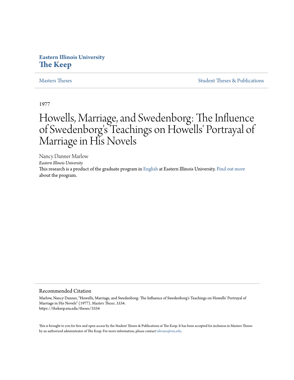 The Influence of Swedenborg's Teachings on Howells' Portrayal of Marriage in His Nove