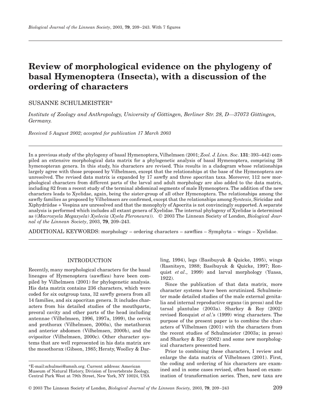 Review of Morphological Evidence on the Phylogeny of Basal Hymenoptera (Insecta), with a Discussion of the Ordering of Characters