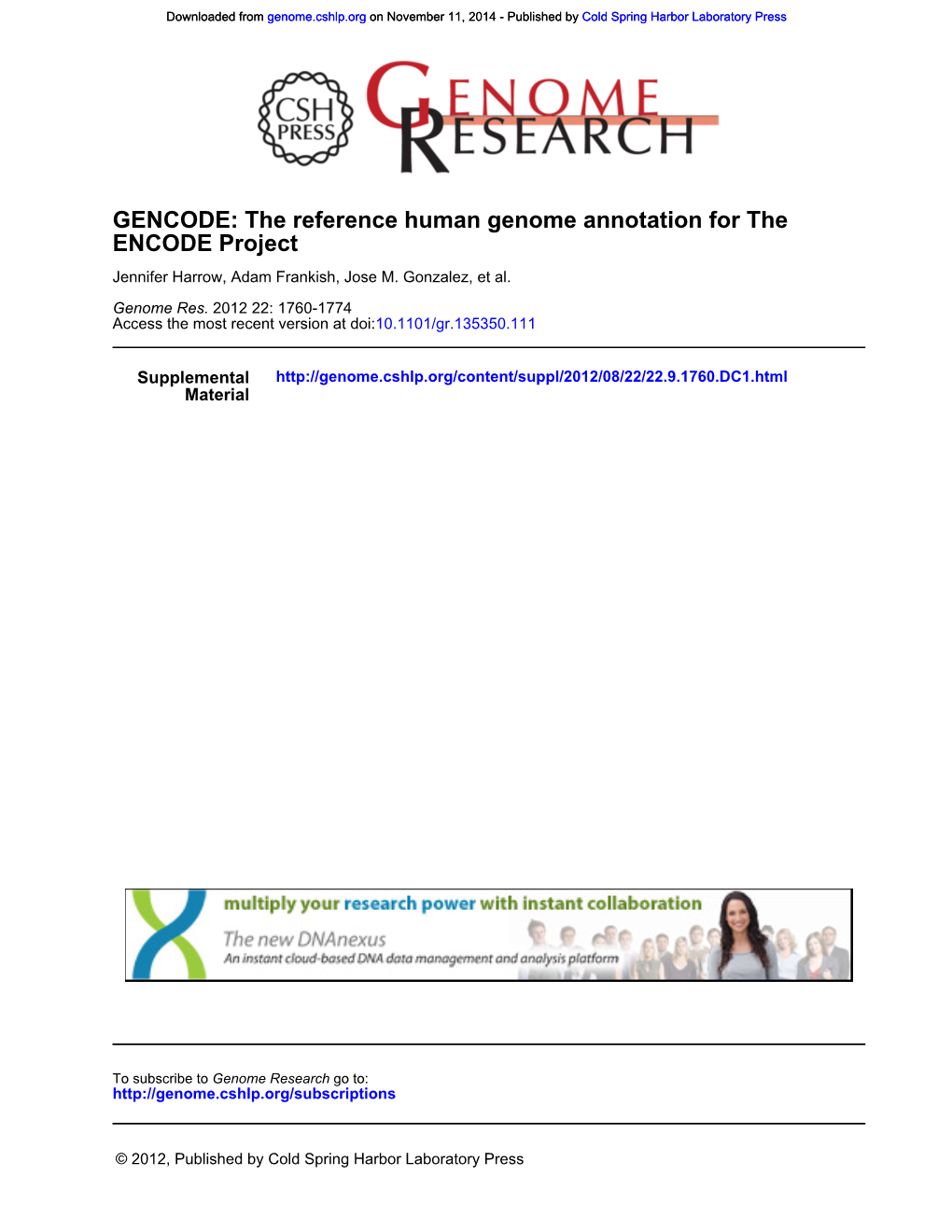 ENCODE Project GENCODE: the Reference Human Genome