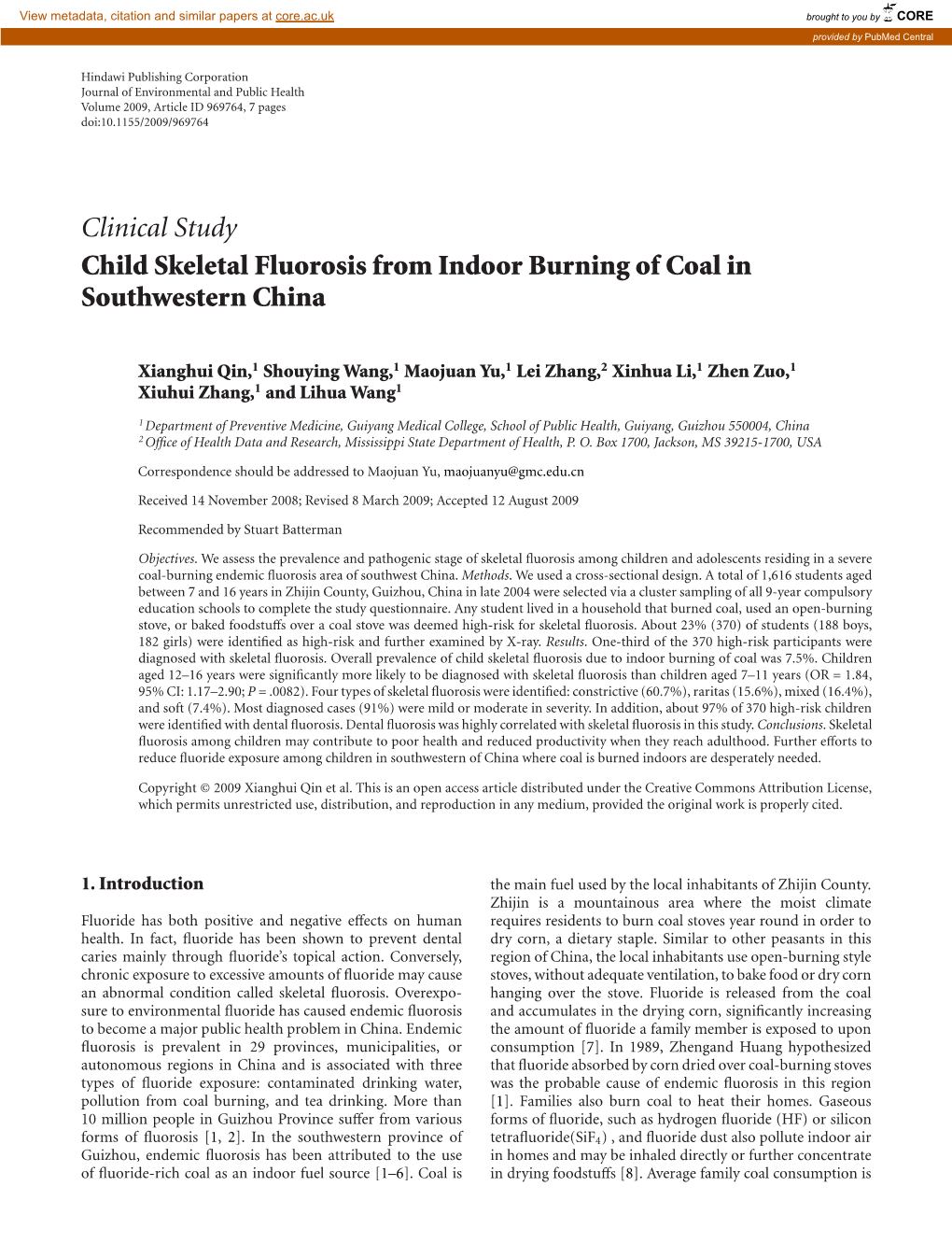 Clinical Study Child Skeletal Fluorosis from Indoor Burning of Coal in Southwestern China