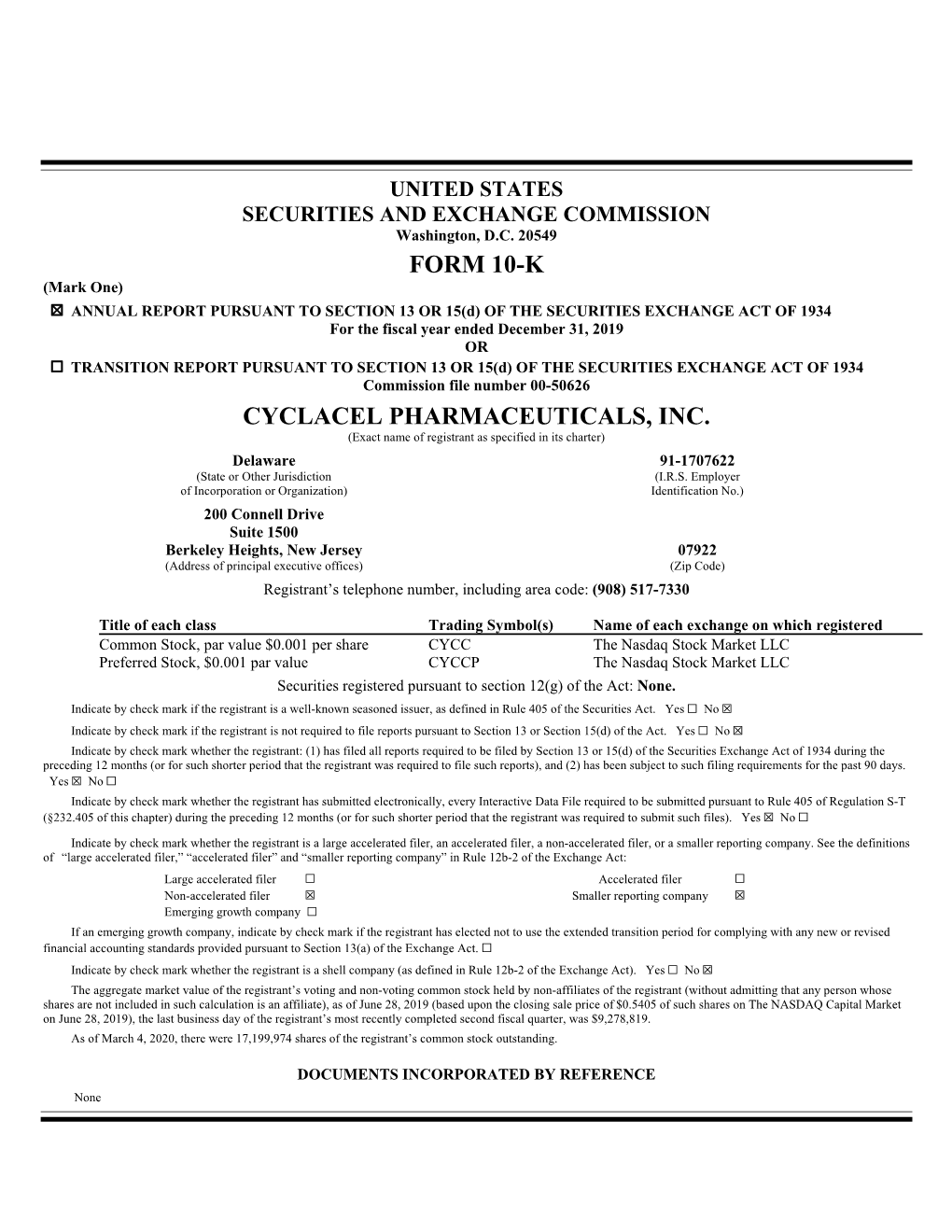 Form 10-K Cyclacel Pharmaceuticals, Inc
