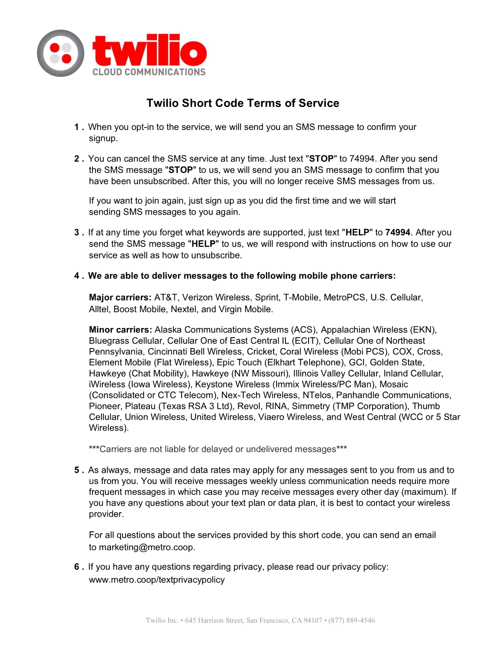 Twilio Short Code Terms of Service