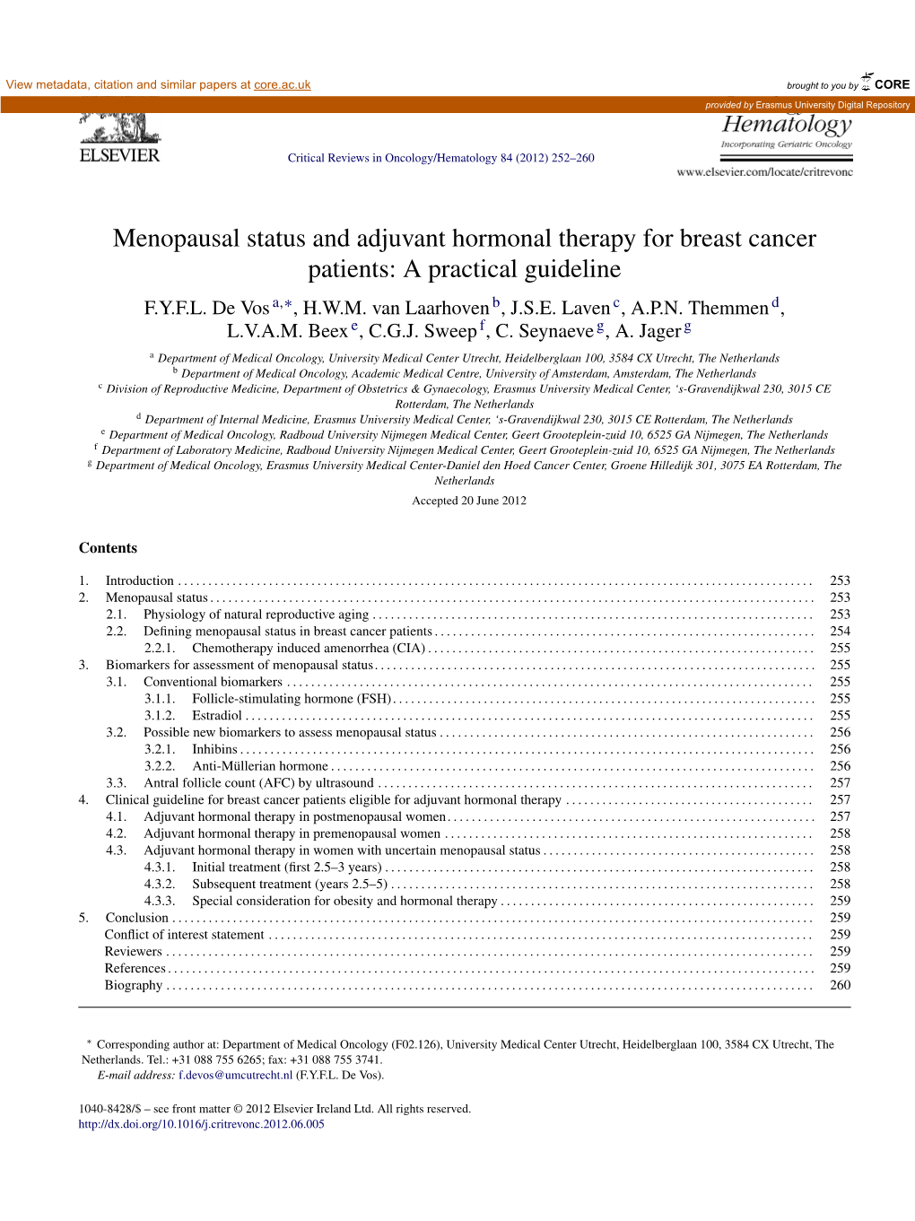 Menopausal Status and Adjuvant Hormonal Therapy for Breast Cancer Patients: a Practical Guideline F.Y.F.L