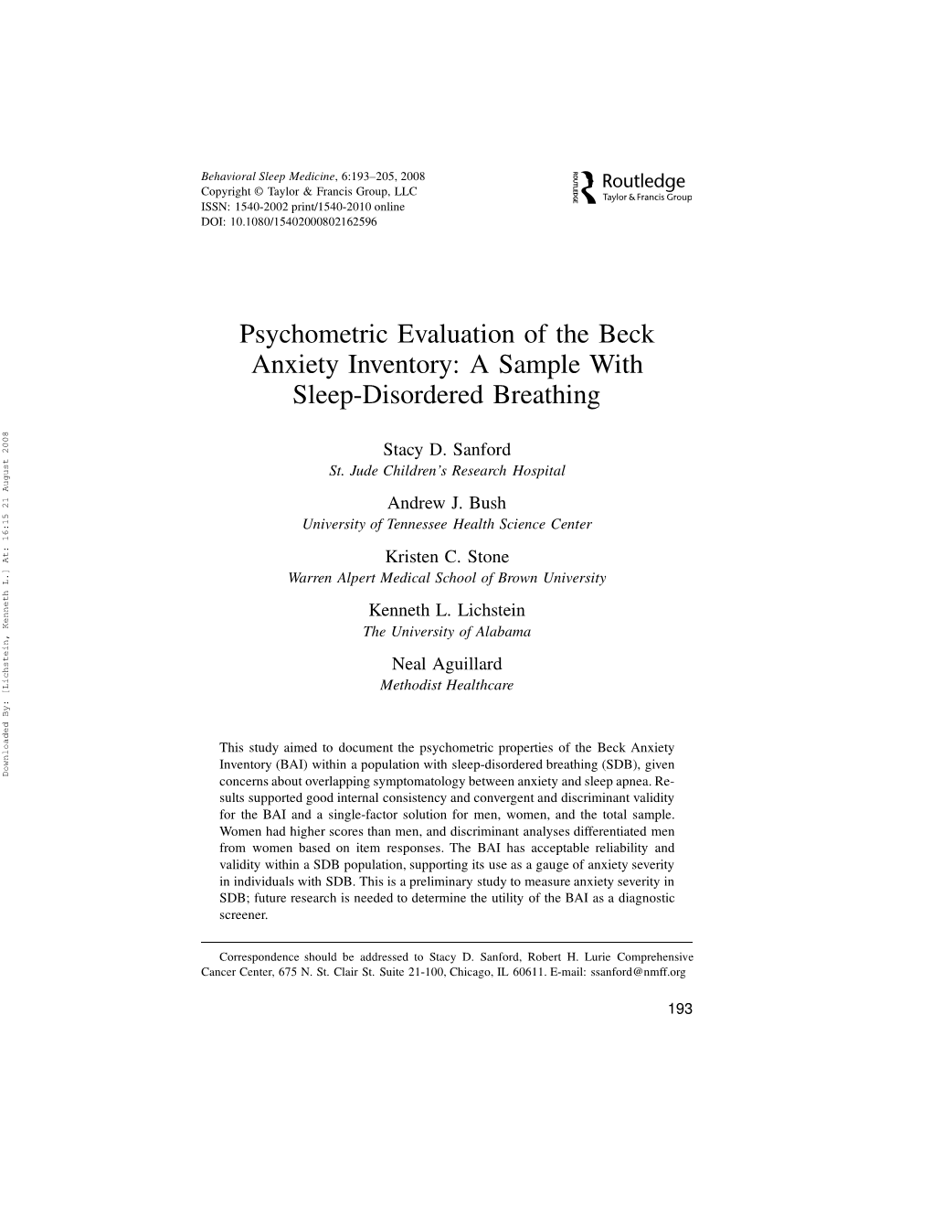 Psychometric Evaluation of the Beck Anxiety Inventory: a Sample with Sleep-Disordered Breathing