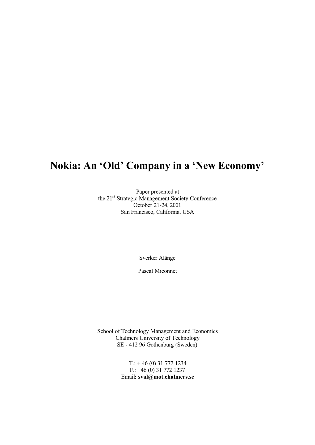 Nokia: an ‘Old’ Company in a ‘New Economy’
