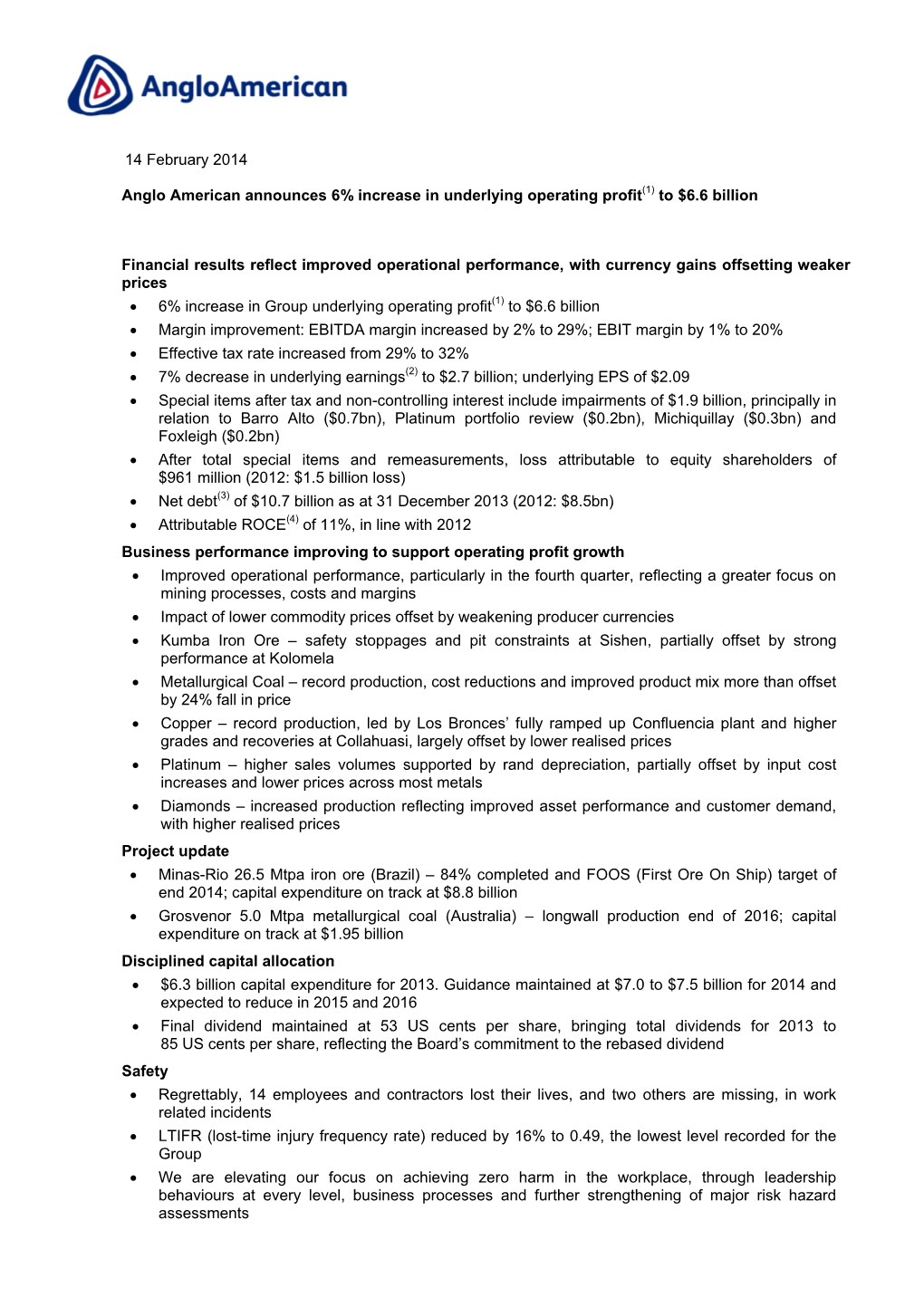 Consolidated Income Statement for the Year Ended 31 December 2013