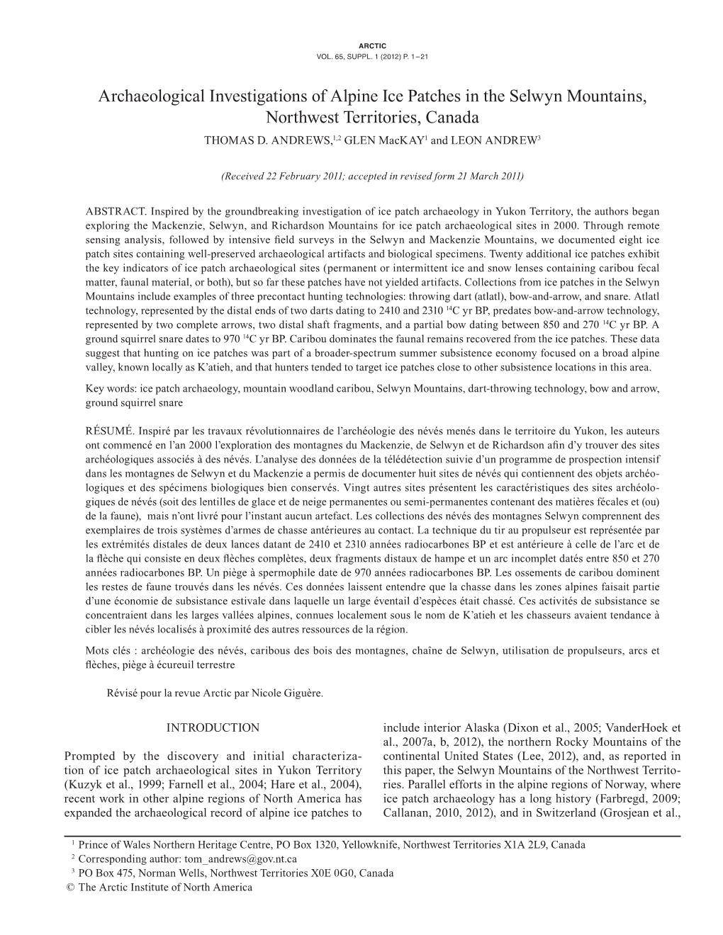 Archaeological Investigations of Alpine Ice Patches in the Selwyn Mountains, Northwest Territories, Canada THOMAS D