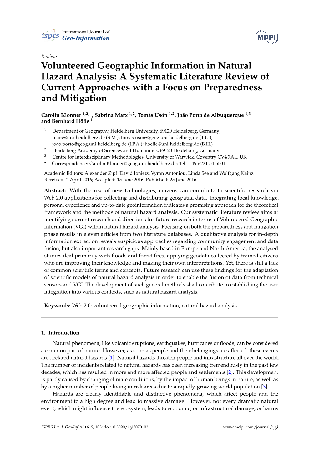 Volunteered Geographic Information in Natural Hazard Analysis: a Systematic Literature Review of Current Approaches with a Focus on Preparedness and Mitigation