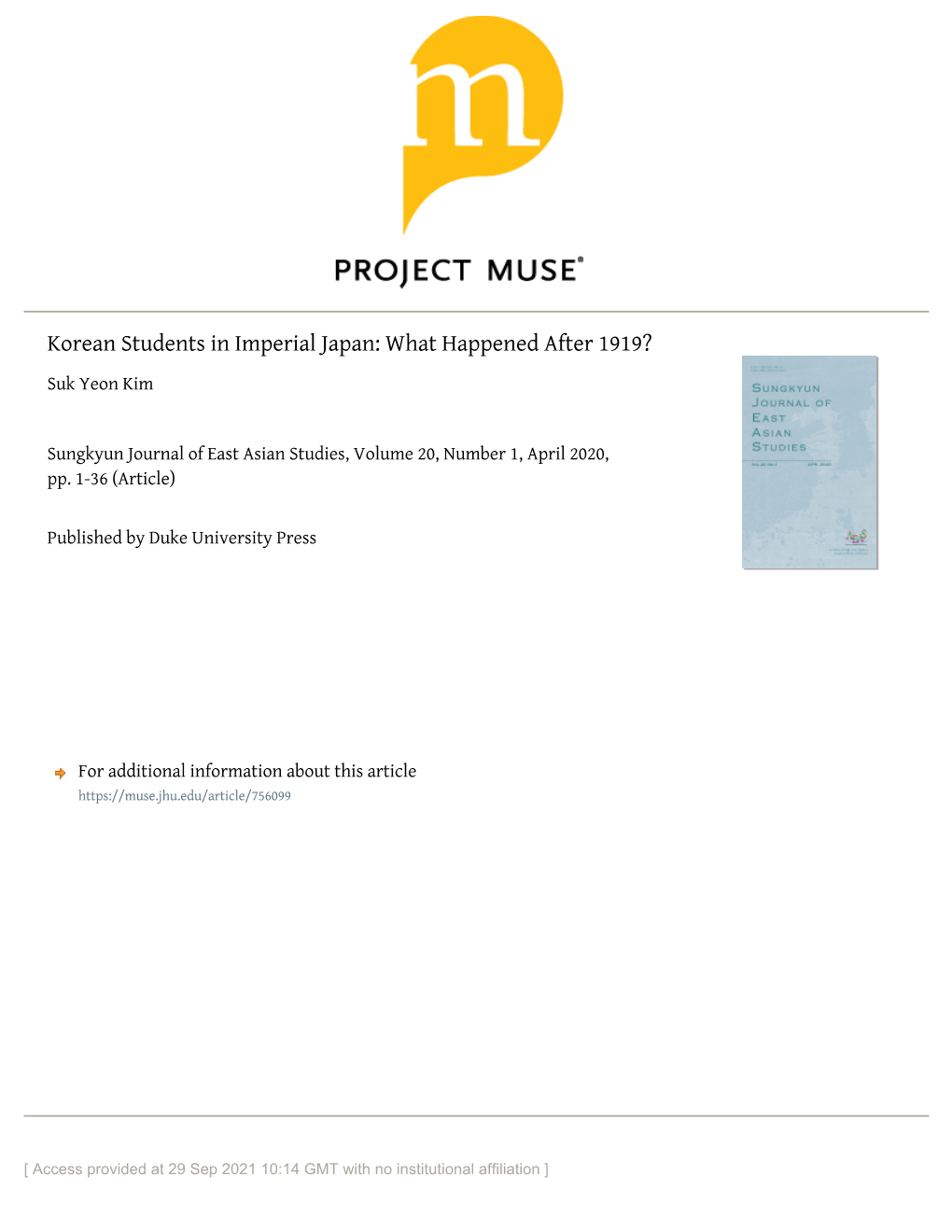 Korean Students in Imperial Japan: What Happened After 1919? Suk Yeon Kim