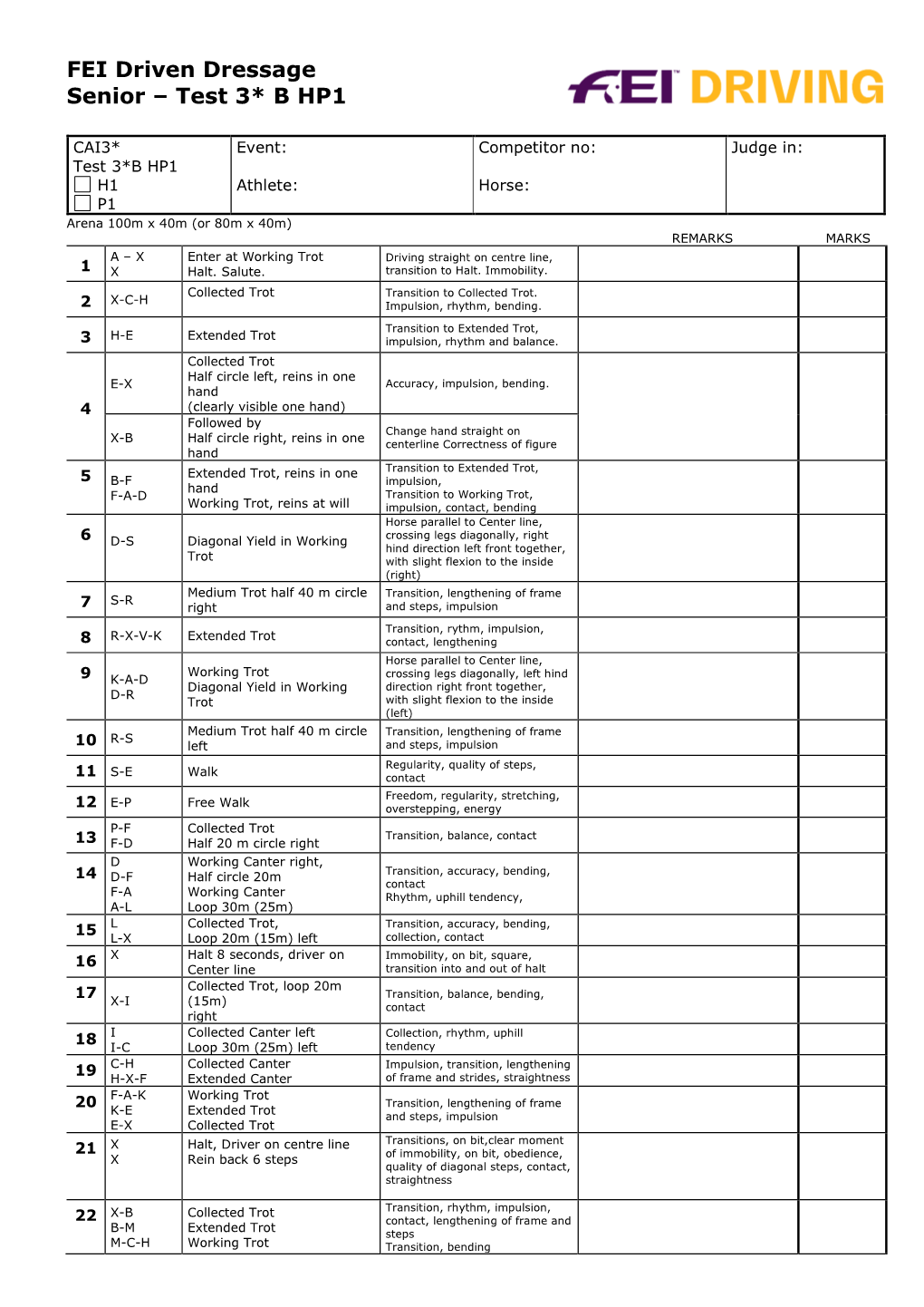 Test 3*B HP1 H1 Athlete: Horse: P1 Arena 100M X 40M (Or 80M X 40M) REMARKS MARKS a – X Enter at Working Trot Driving Straight on Centre Line, 1 X Halt