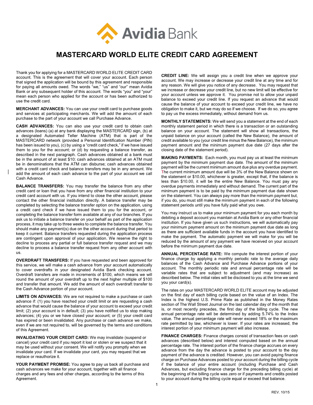 Mastercard World Elite Credit Card Agreement