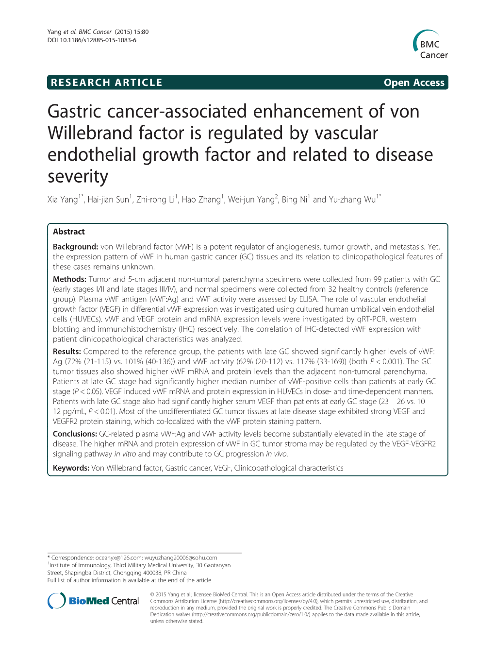 Gastric Cancer-Associated Enhancement of Von Willebrand