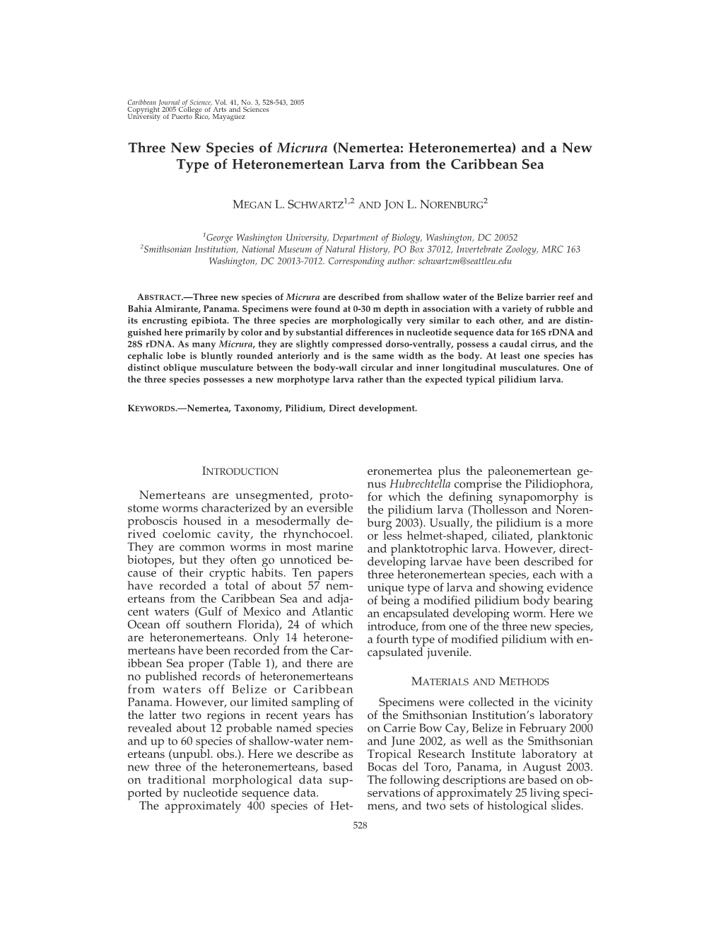 Three New Species of Micrura (Nemertea: Heteronemertea) and a New Type of Heteronemertean Larva from the Caribbean Sea