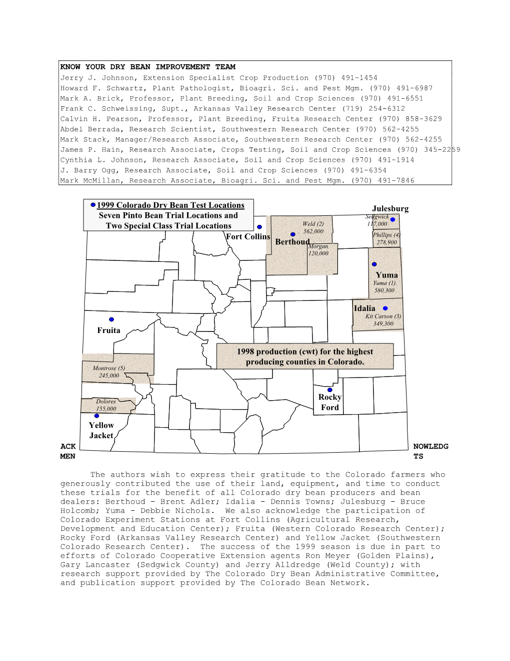 Yuma Rocky Ford Yellow Jacket Fort Collins Fruita 1999 Colorado Dry Bean Test Locations Seven Pinto Bean Trial Locations And