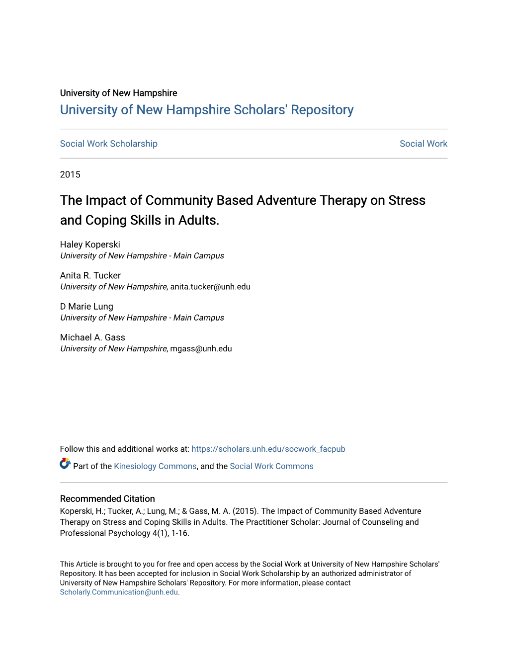 The Impact of Community Based Adventure Therapy on Stress and Coping Skills in Adults