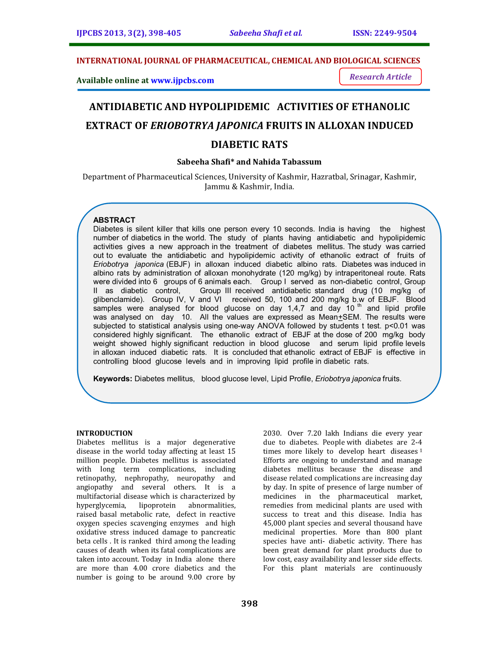 Antidiabetic and Hypolipidemic Activities of Ethanolic