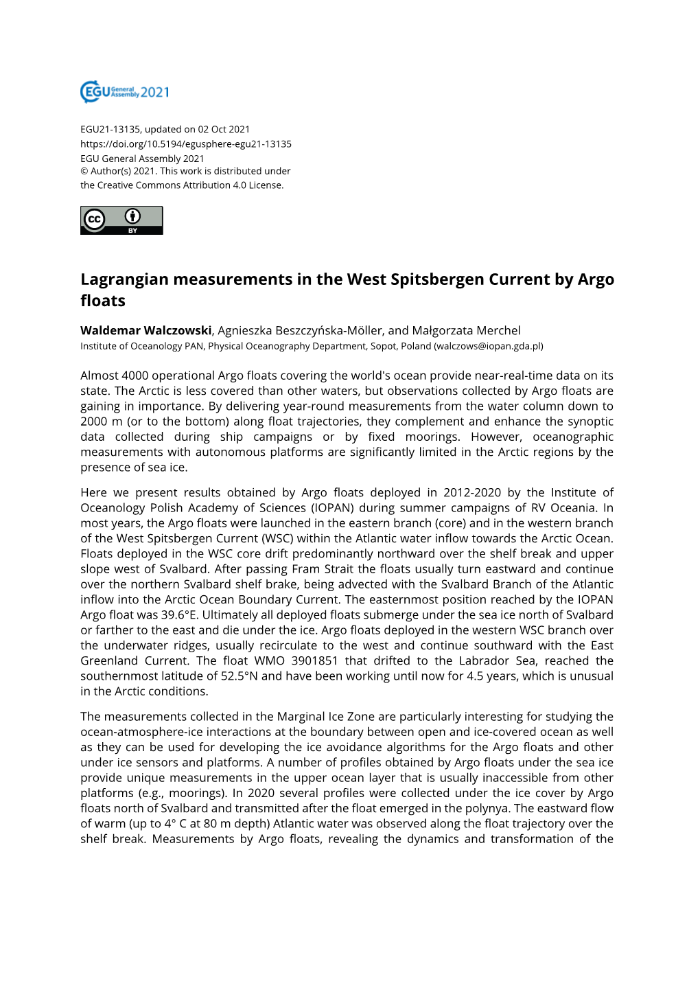 Lagrangian Measurements in the West Spitsbergen Current by Argo Floats