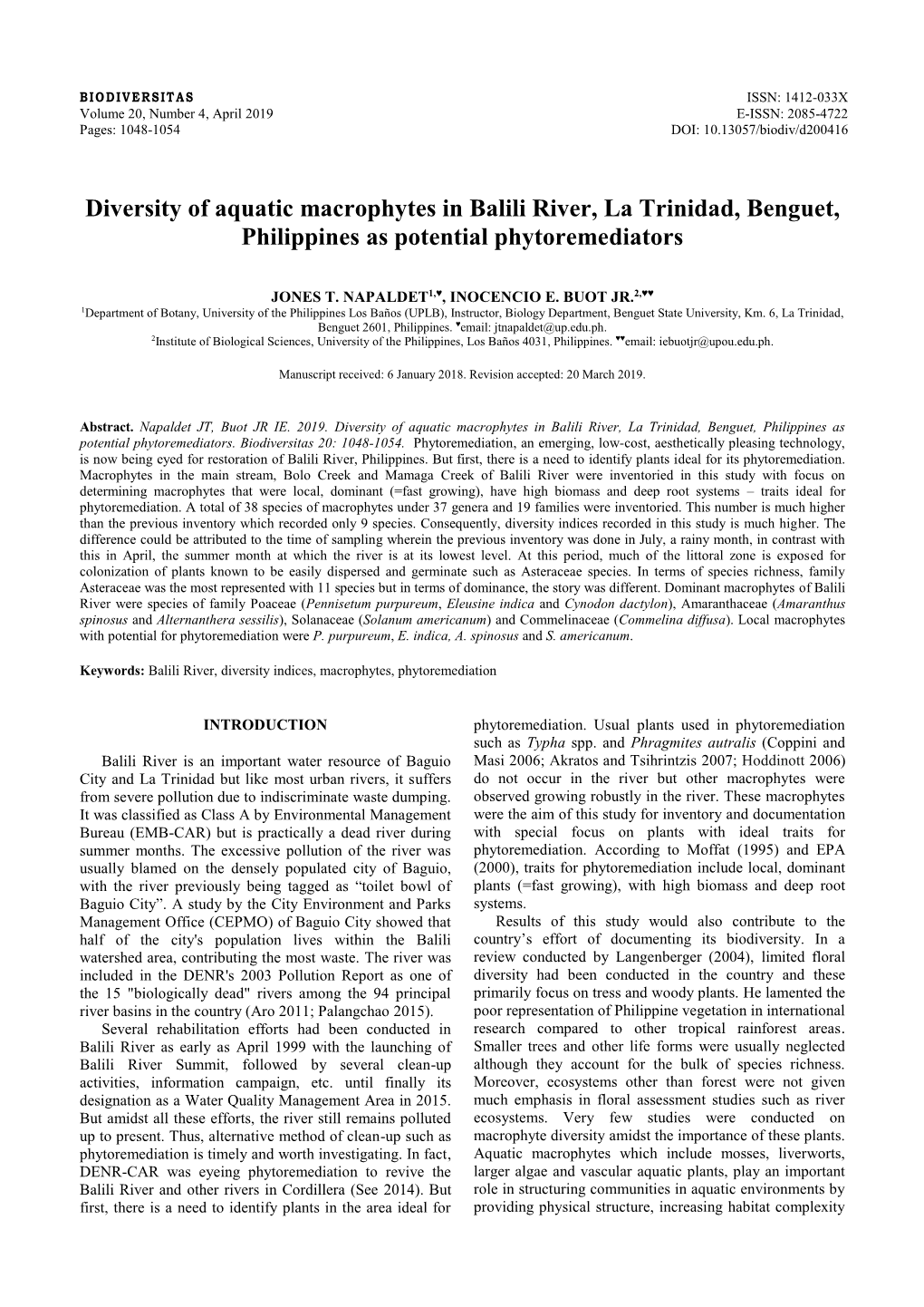 Diversity of Aquatic Macrophytes in Balili River, La Trinidad, Benguet, Philippines As Potential Phytoremediators