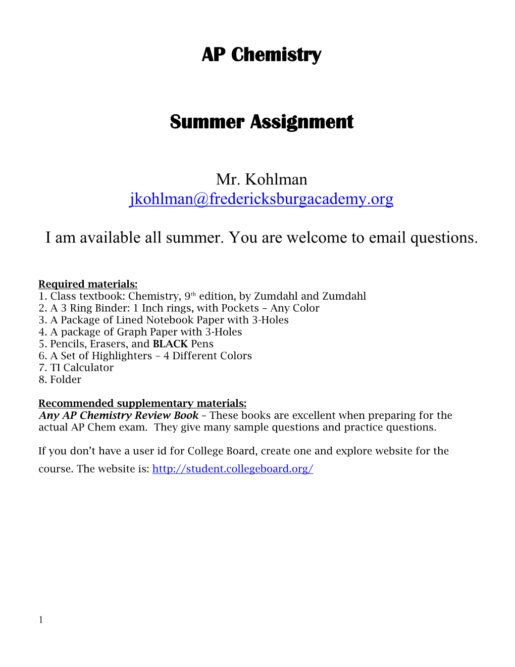 Ap Chemistry Summer Assignment