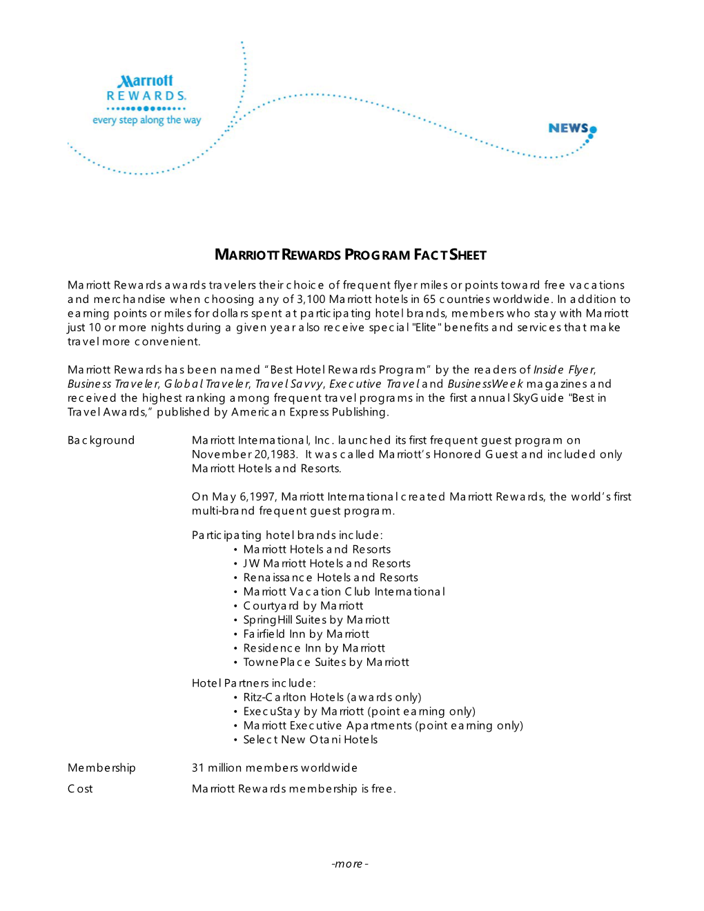 Marriott Rewards Program Fact Sheet