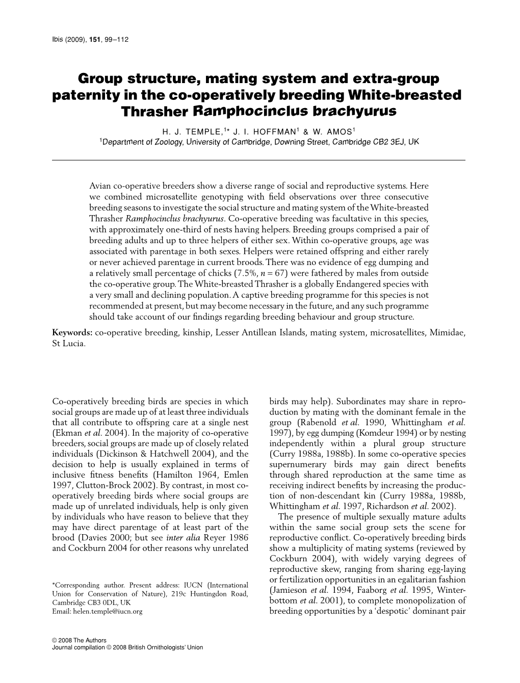 Group Structure, Mating System and Extra-Group Paternity in the Co-Operatively Breeding White-Breasted Thrasher Ramphocinclus Brachyurus