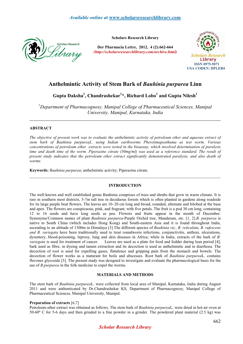 Anthelmintic Activity of Stem Bark of Bauhinia Purpurea Linn